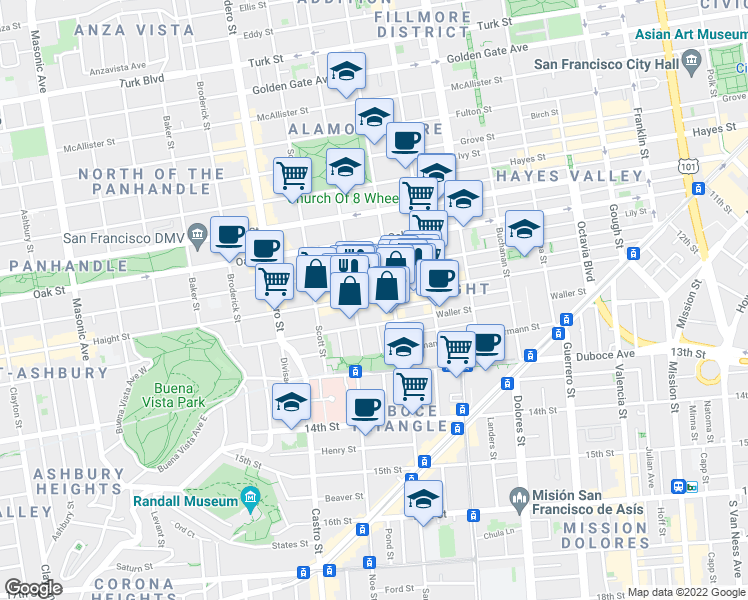 map of restaurants, bars, coffee shops, grocery stores, and more near 659 Haight Street in San Francisco