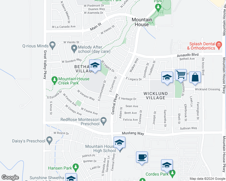 map of restaurants, bars, coffee shops, grocery stores, and more near 75 Ameno Lane in Mountain House