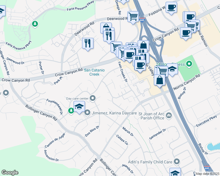 map of restaurants, bars, coffee shops, grocery stores, and more near 2575 Shadow Mountain Drive in San Ramon