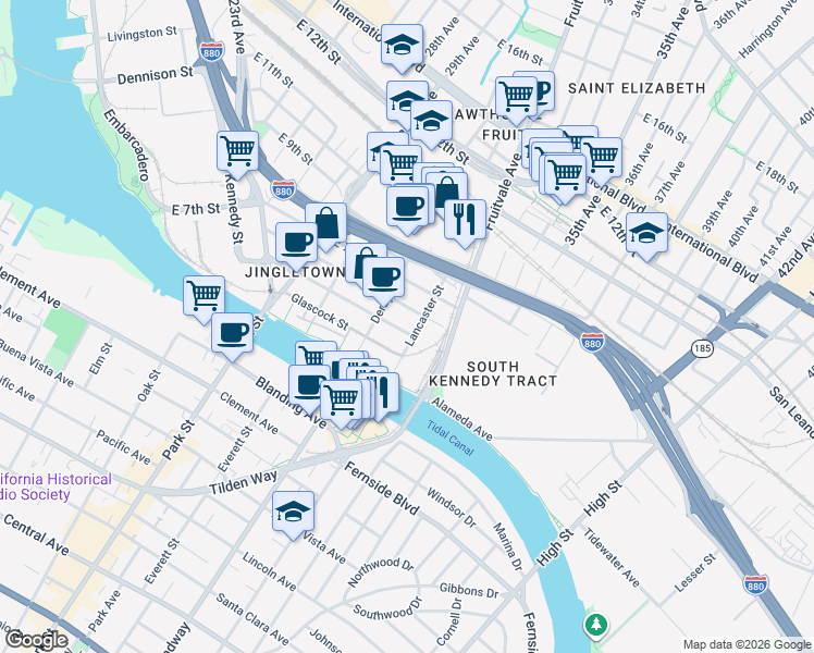 map of restaurants, bars, coffee shops, grocery stores, and more near 3064 Ford Street in Oakland