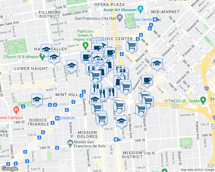 map of restaurants, bars, coffee shops, grocery stores, and more near McCoppin Street & Jessie Street in San Francisco