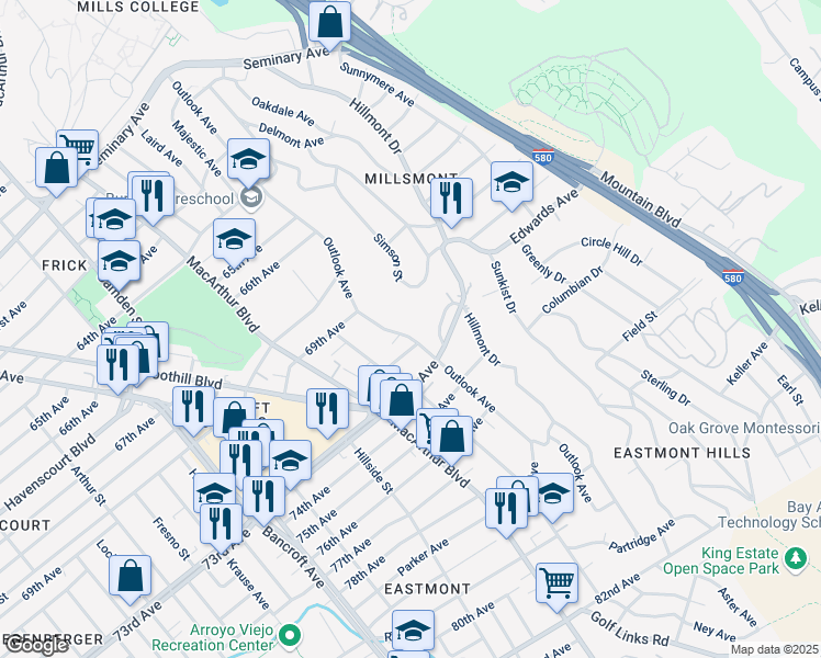 map of restaurants, bars, coffee shops, grocery stores, and more near 7130 Outlook Avenue in Oakland