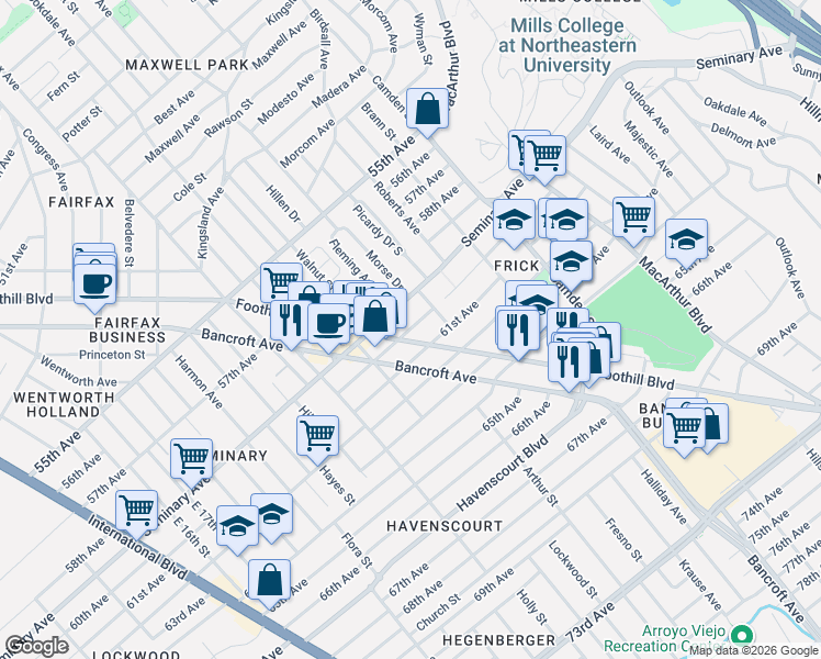 map of restaurants, bars, coffee shops, grocery stores, and more near 6006 Foothill Boulevard in Oakland