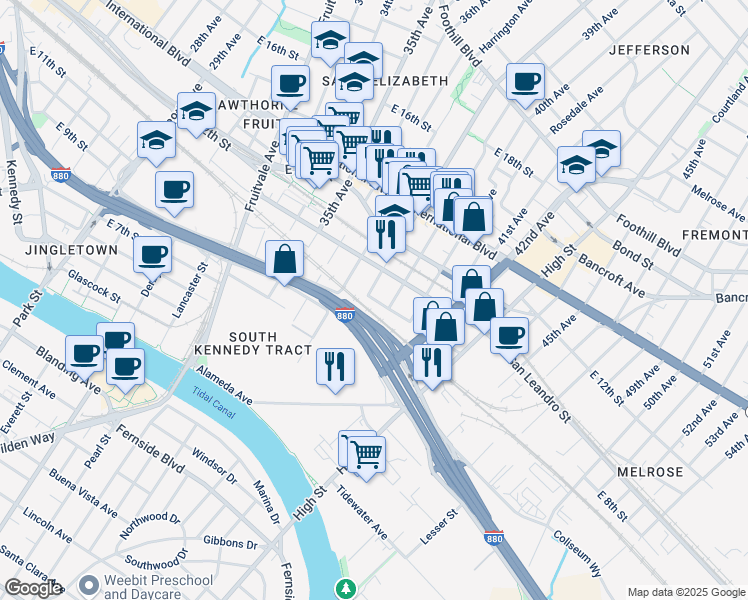 map of restaurants, bars, coffee shops, grocery stores, and more near 901 39th Avenue in Oakland