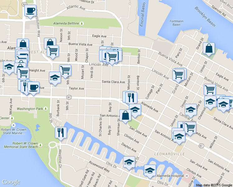map of restaurants, bars, coffee shops, grocery stores, and more near 1417 Sherman Street in Alameda