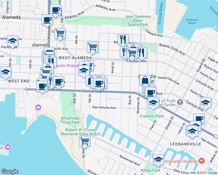 map of restaurants, bars, coffee shops, grocery stores, and more near 1001 Central Avenue in Alameda