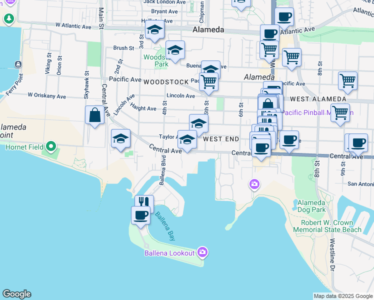 map of restaurants, bars, coffee shops, grocery stores, and more near 434 Central Avenue in Alameda