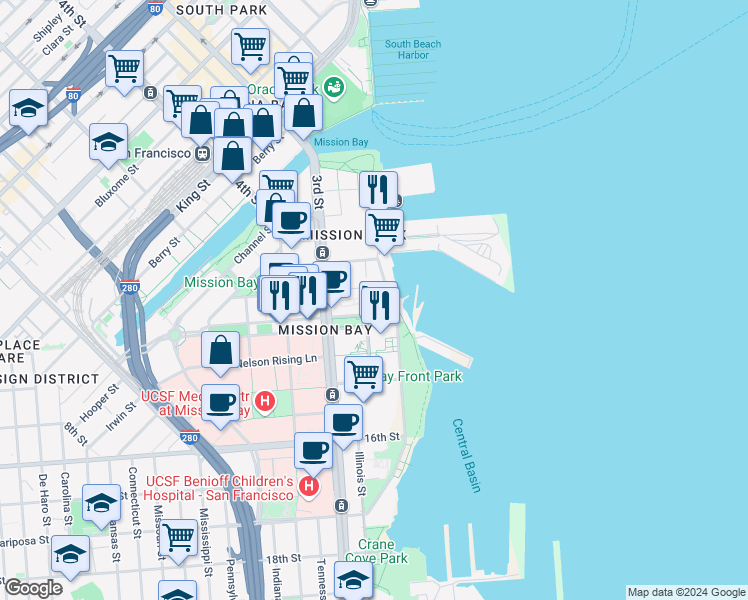 map of restaurants, bars, coffee shops, grocery stores, and more near 420 Mission Bay Boulevard North in San Francisco