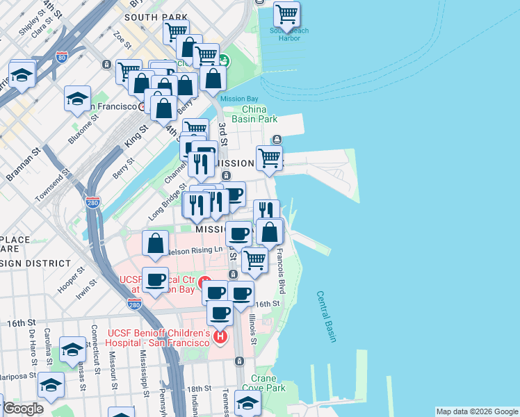 map of restaurants, bars, coffee shops, grocery stores, and more near 400 Mission Bay Boulevard North in San Francisco