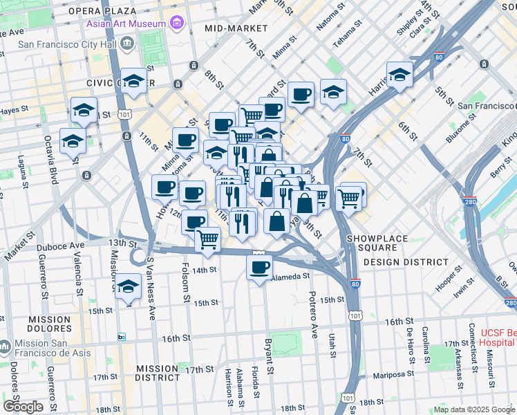 map of restaurants, bars, coffee shops, grocery stores, and more near 222 Dore Street in San Francisco