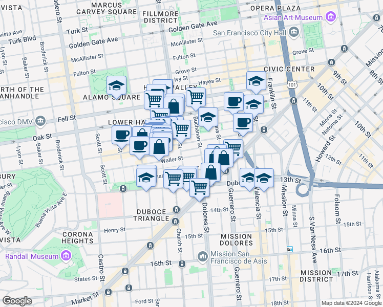 map of restaurants, bars, coffee shops, grocery stores, and more near 100 Webster Street in San Francisco