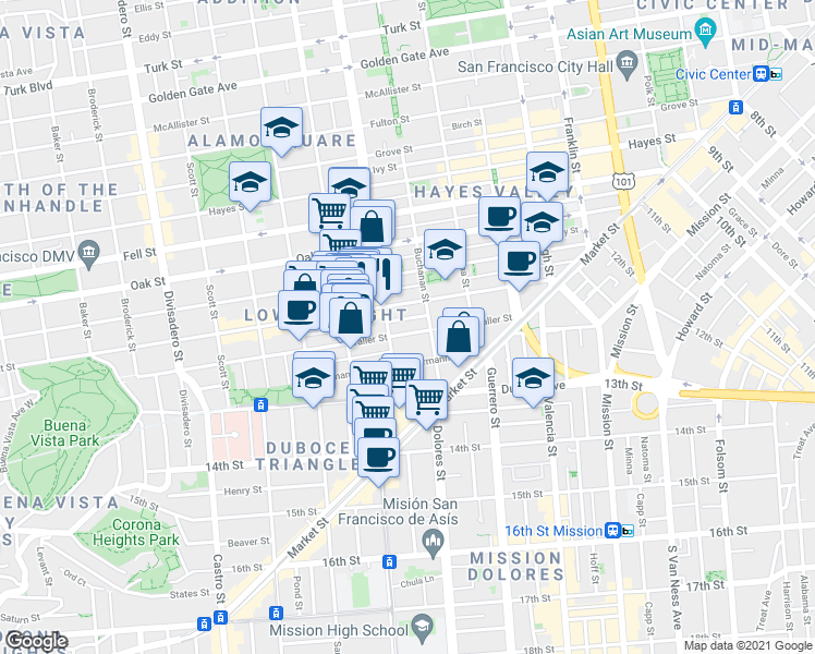 map of restaurants, bars, coffee shops, grocery stores, and more near 100 Webster Street in San Francisco