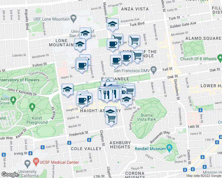 map of restaurants, bars, coffee shops, grocery stores, and more near 1015 Masonic Avenue in San Francisco