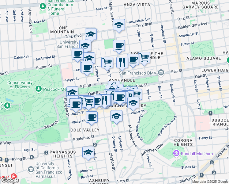 map of restaurants, bars, coffee shops, grocery stores, and more near 1015 Masonic Avenue in San Francisco