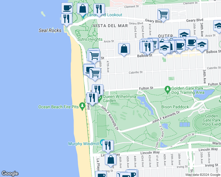 map of restaurants, bars, coffee shops, grocery stores, and more near 890 47th Avenue in San Francisco