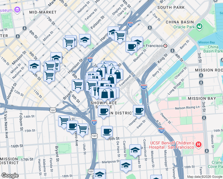 map of restaurants, bars, coffee shops, grocery stores, and more near 600 Townsend Street in San Francisco