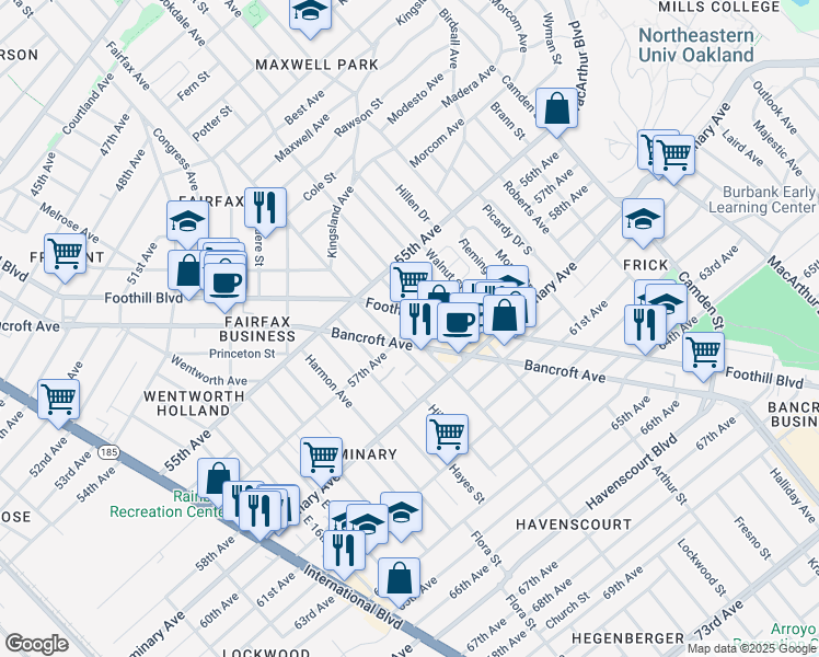 map of restaurants, bars, coffee shops, grocery stores, and more near 2426 57th Avenue in Oakland