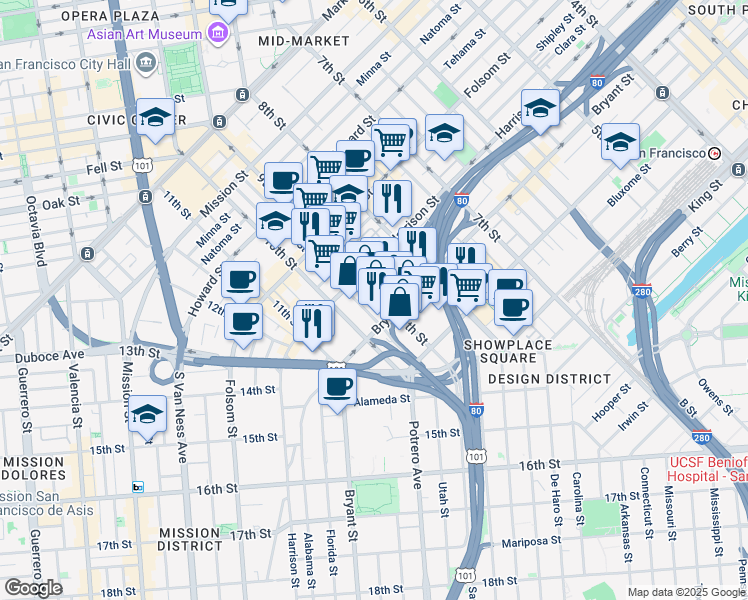 map of restaurants, bars, coffee shops, grocery stores, and more near 480 9th Street in San Francisco