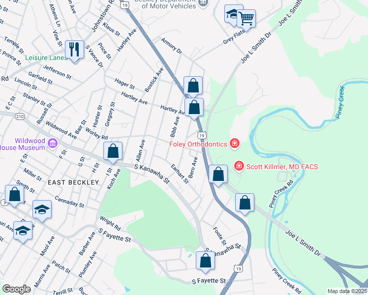 map of restaurants, bars, coffee shops, grocery stores, and more near 900 Worley Road in Beckley