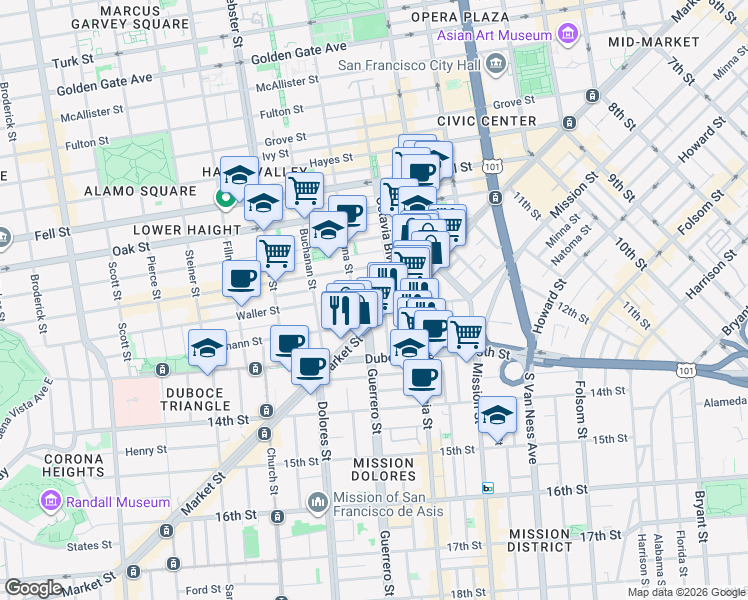 map of restaurants, bars, coffee shops, grocery stores, and more near 41 Waller Street in San Francisco
