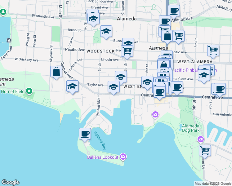 map of restaurants, bars, coffee shops, grocery stores, and more near in Alameda