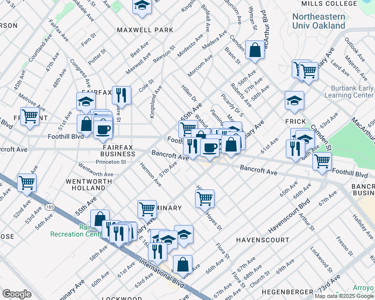 map of restaurants, bars, coffee shops, grocery stores, and more near 2426 57th Avenue in Oakland