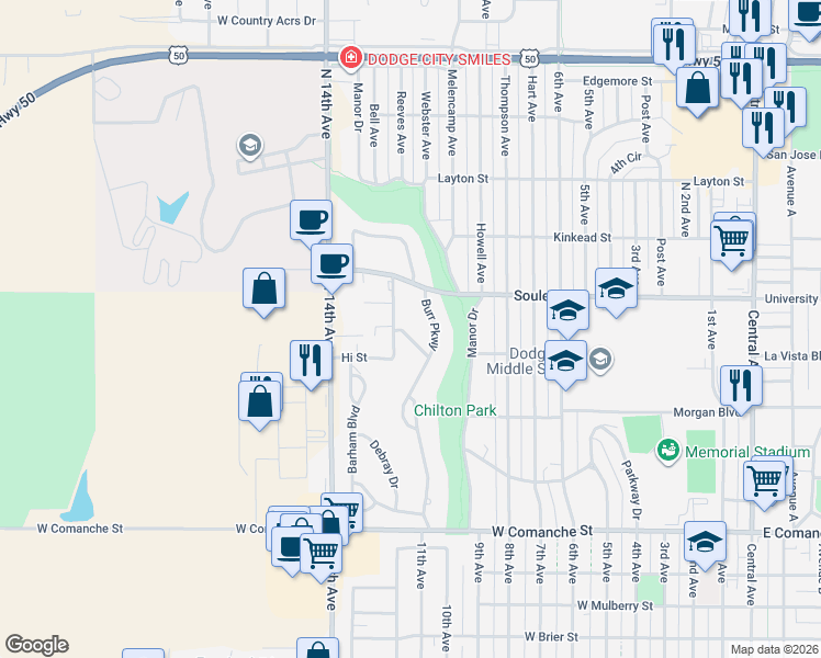map of restaurants, bars, coffee shops, grocery stores, and more near 1904 Hi Street in Dodge City