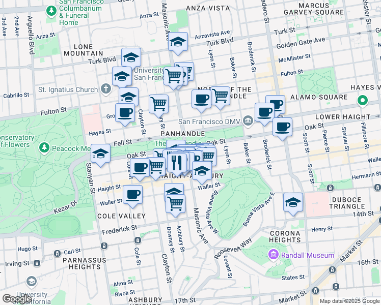 map of restaurants, bars, coffee shops, grocery stores, and more near 1026 Masonic Avenue in San Francisco