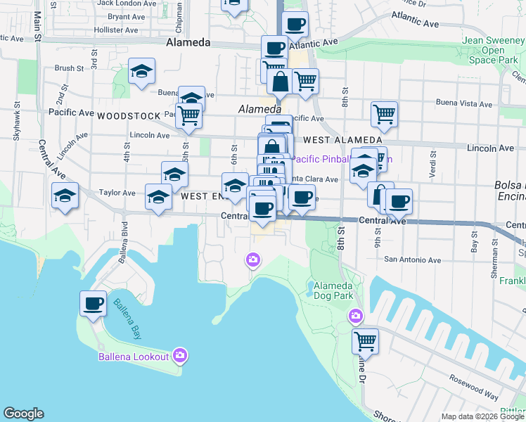 map of restaurants, bars, coffee shops, grocery stores, and more near in Alameda