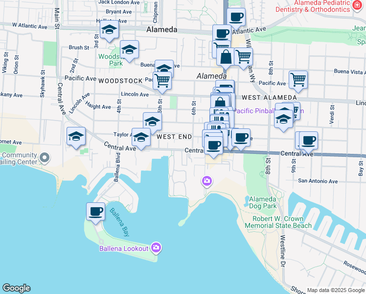 map of restaurants, bars, coffee shops, grocery stores, and more near 547 Central Avenue in Alameda