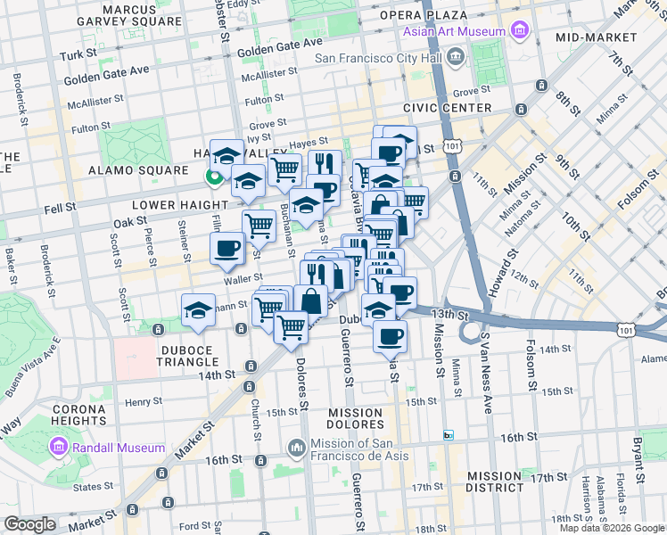 map of restaurants, bars, coffee shops, grocery stores, and more near 50 Laguna Street in San Francisco