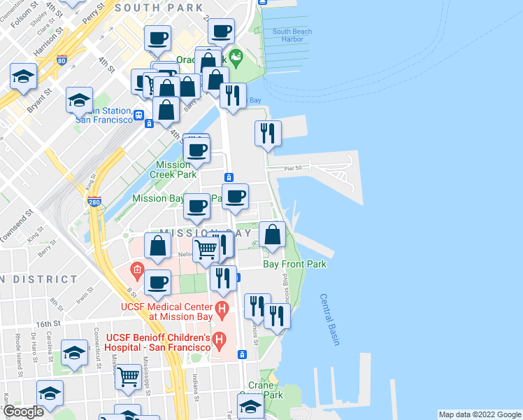 map of restaurants, bars, coffee shops, grocery stores, and more near 420 Mission Bay Boulevard North in San Francisco