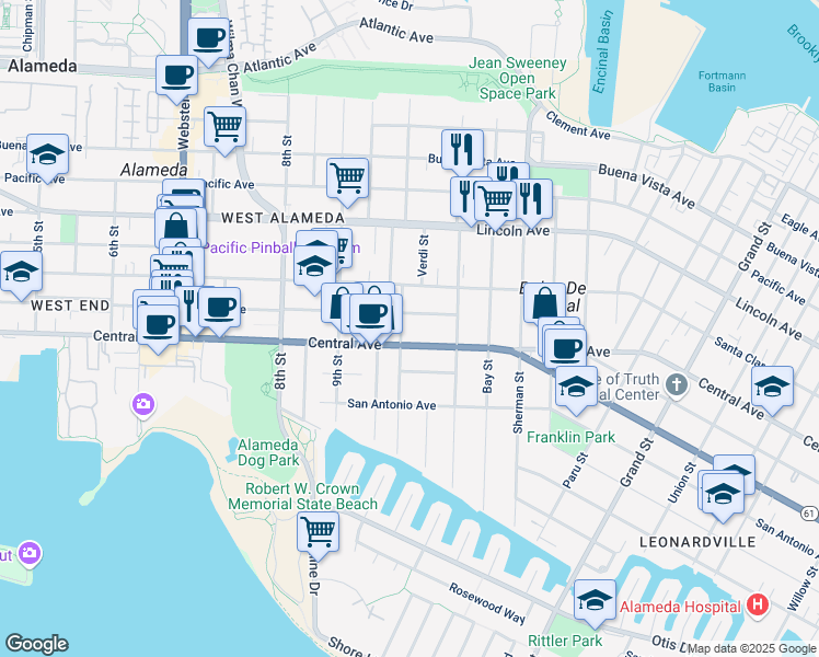 map of restaurants, bars, coffee shops, grocery stores, and more near 1001 Central Avenue in Alameda