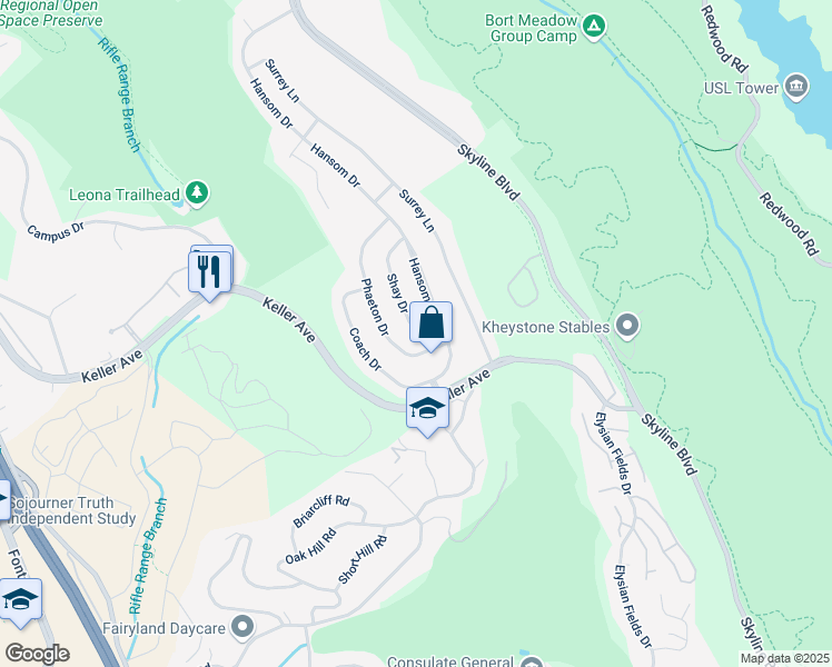 map of restaurants, bars, coffee shops, grocery stores, and more near 8120 Phaeton Drive in Oakland
