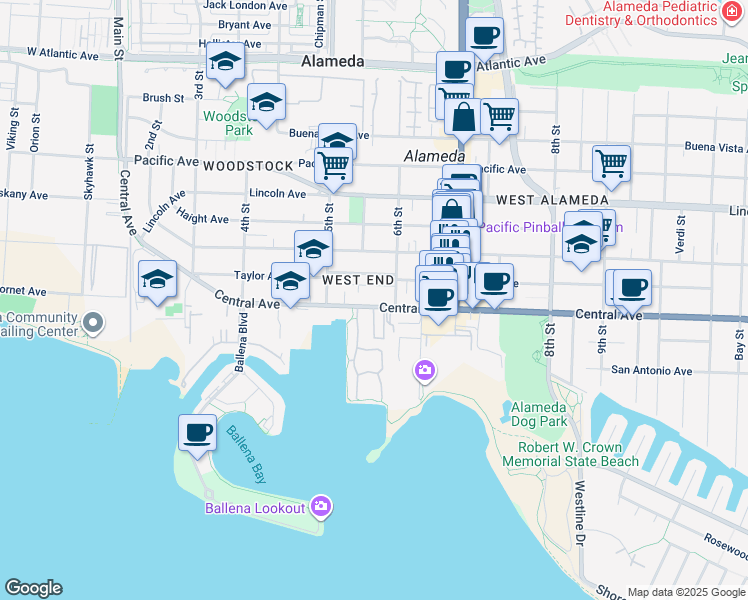 map of restaurants, bars, coffee shops, grocery stores, and more near 545 Central Avenue in Alameda