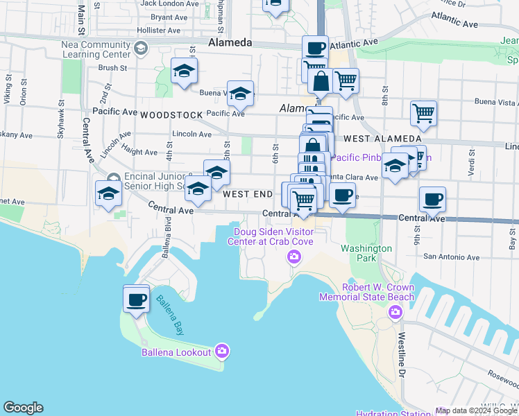 map of restaurants, bars, coffee shops, grocery stores, and more near 545 Central Avenue in Alameda