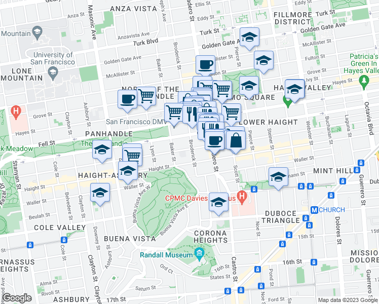 map of restaurants, bars, coffee shops, grocery stores, and more near 121 Broderick Street in San Francisco