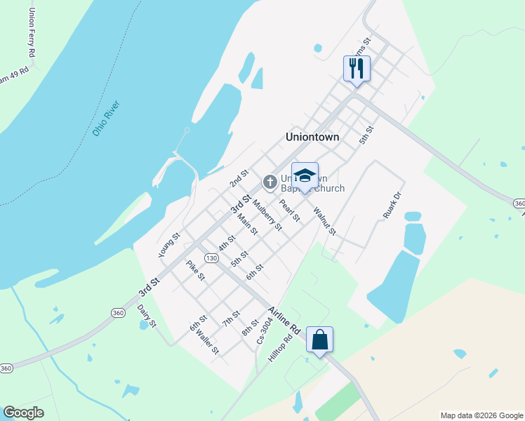 map of restaurants, bars, coffee shops, grocery stores, and more near 401 Mulberry Street in Uniontown