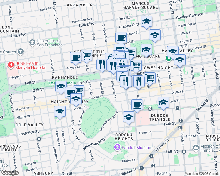 map of restaurants, bars, coffee shops, grocery stores, and more near 1107 Page Street in San Francisco