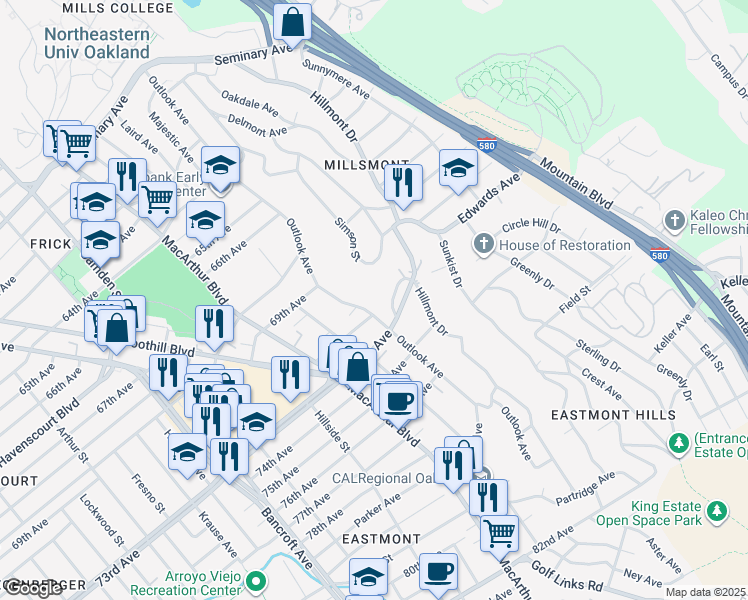 map of restaurants, bars, coffee shops, grocery stores, and more near 7106 Outlook Avenue in Oakland
