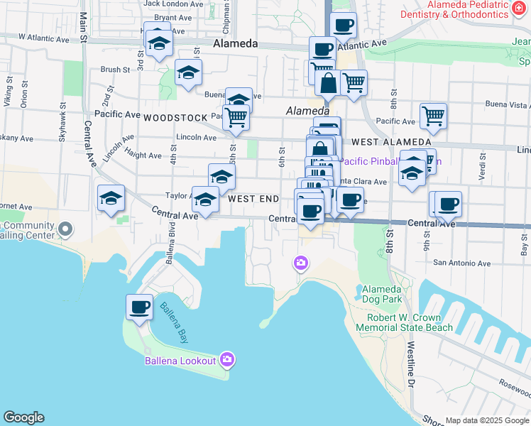 map of restaurants, bars, coffee shops, grocery stores, and more near 545 Central Avenue in Alameda