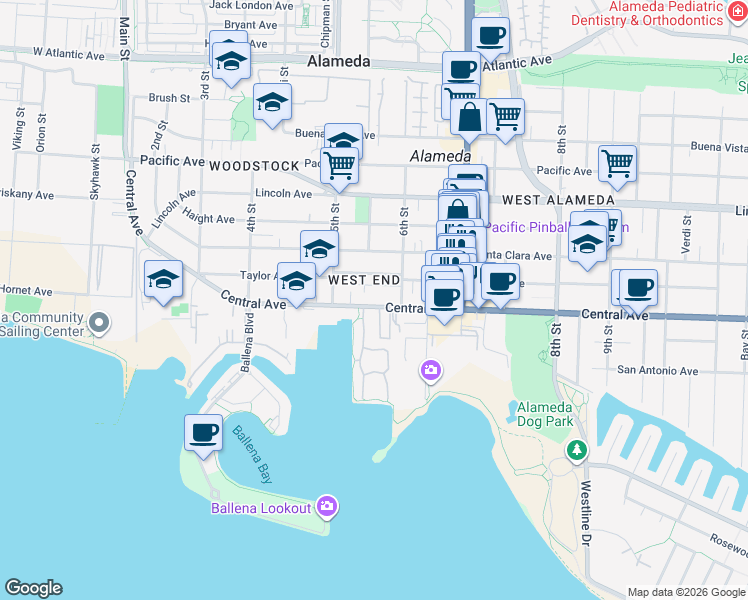 map of restaurants, bars, coffee shops, grocery stores, and more near 555 Central Avenue in Alameda