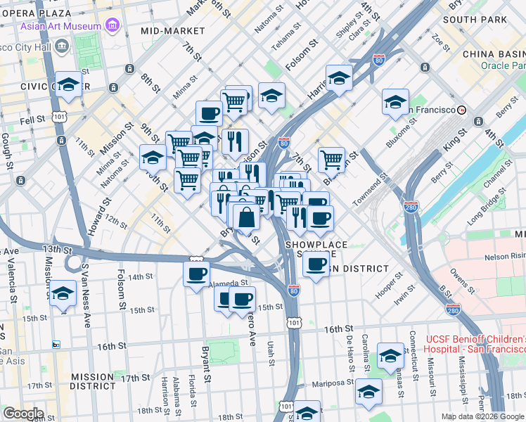 map of restaurants, bars, coffee shops, grocery stores, and more near 1011 Bryant Street in San Francisco