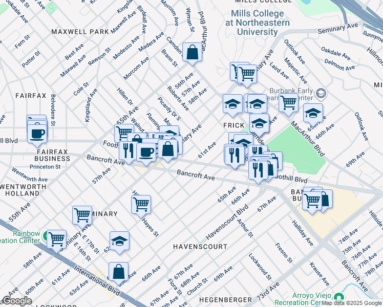 map of restaurants, bars, coffee shops, grocery stores, and more near 6006 Foothill Boulevard in Oakland