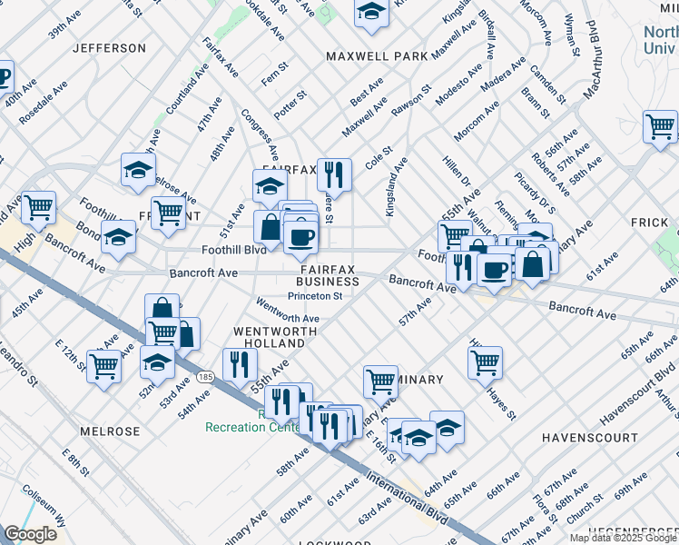 map of restaurants, bars, coffee shops, grocery stores, and more near in Oakland