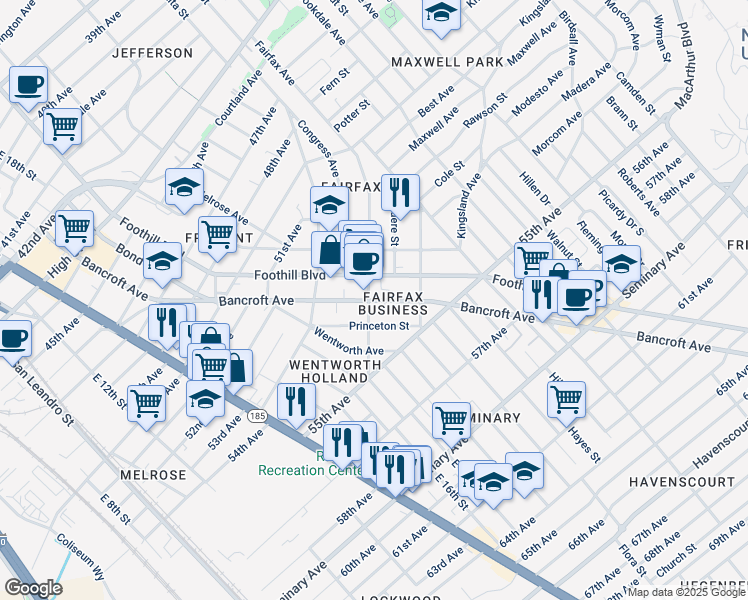 map of restaurants, bars, coffee shops, grocery stores, and more near 5407 Bancroft Avenue in Oakland
