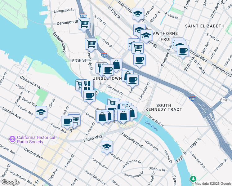 map of restaurants, bars, coffee shops, grocery stores, and more near 2865 Regatta Drive in Oakland
