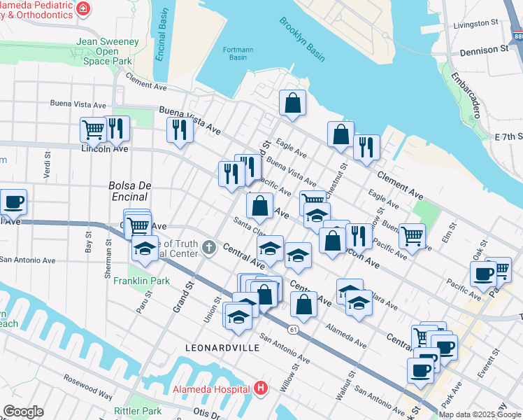 map of restaurants, bars, coffee shops, grocery stores, and more near 1511 Union Street in Alameda