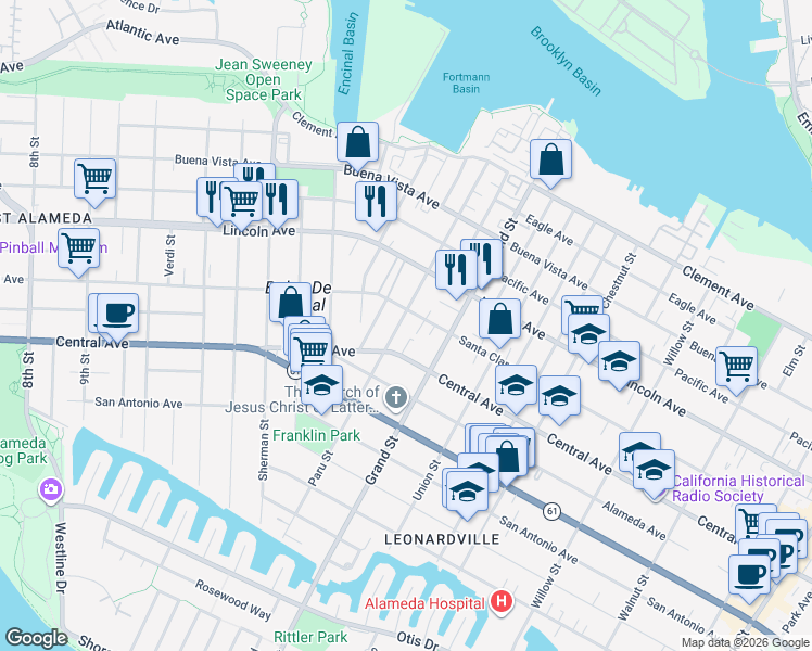 map of restaurants, bars, coffee shops, grocery stores, and more near 1612 Santa Clara Avenue in Alameda