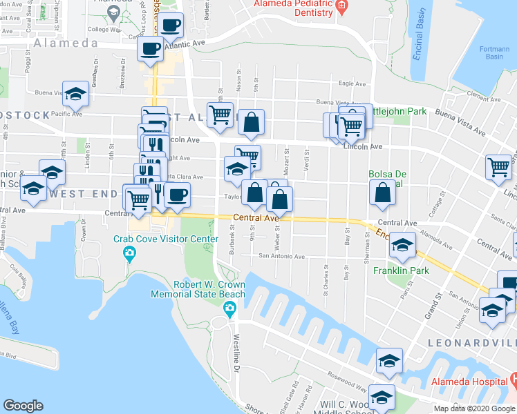 map of restaurants, bars, coffee shops, grocery stores, and more near 923 Central Avenue in Alameda
